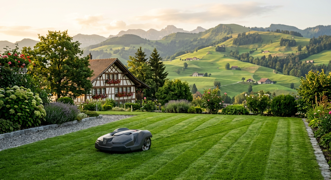 Mähroboter auf einem gepflegten Rasen in der Ostschweiz