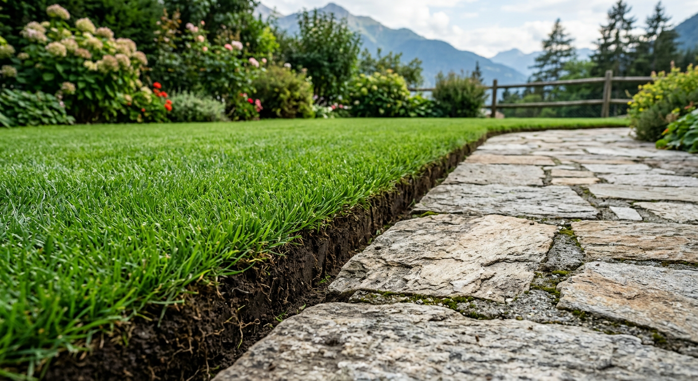 Frisch gepflegte Rasenkante entlang eines Steinwegs